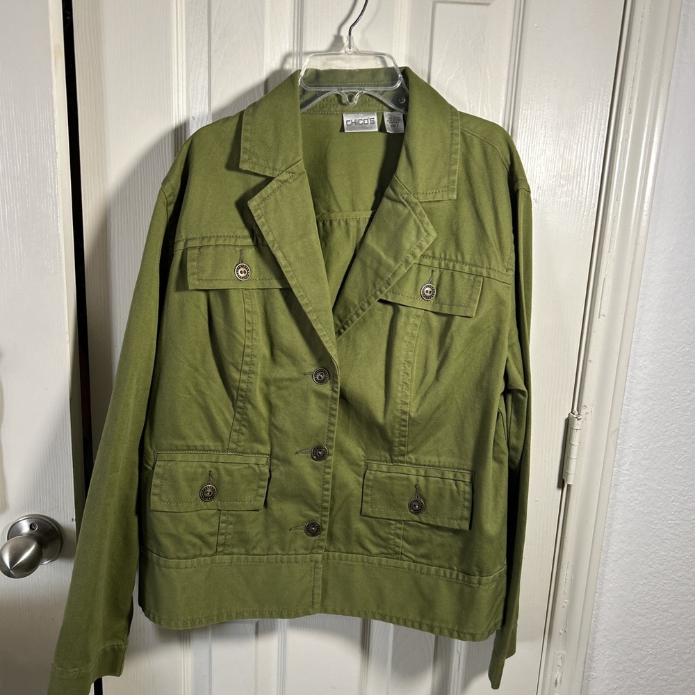 Chicos Jacket Womens Size 2 Large Green Pockets‎ Button Up